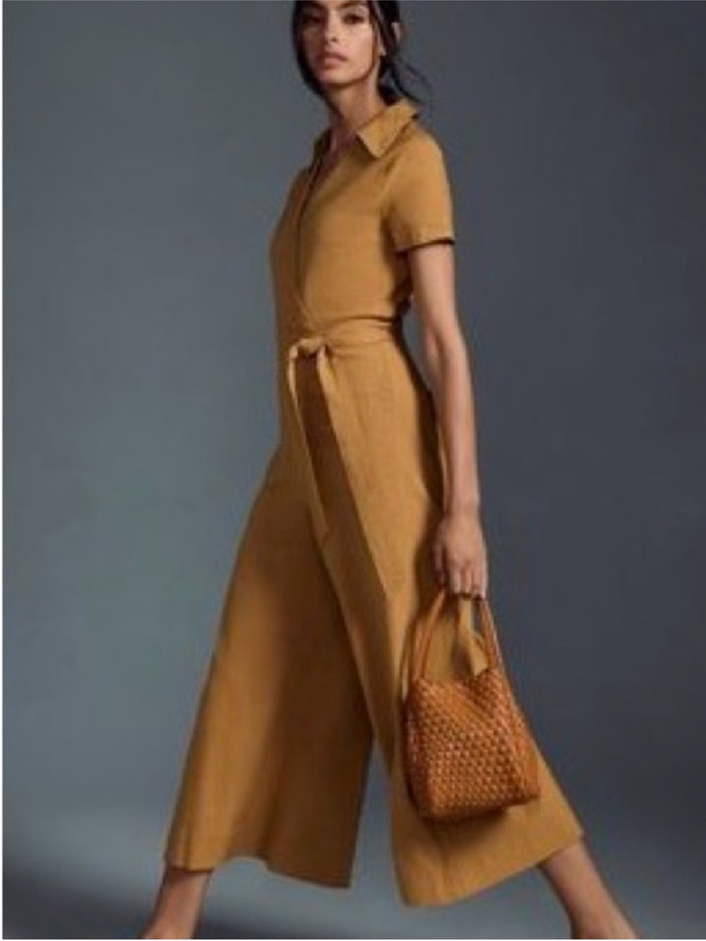 Women’s Mustard Short-Sleeve Tie-Waist Jumpsuit
